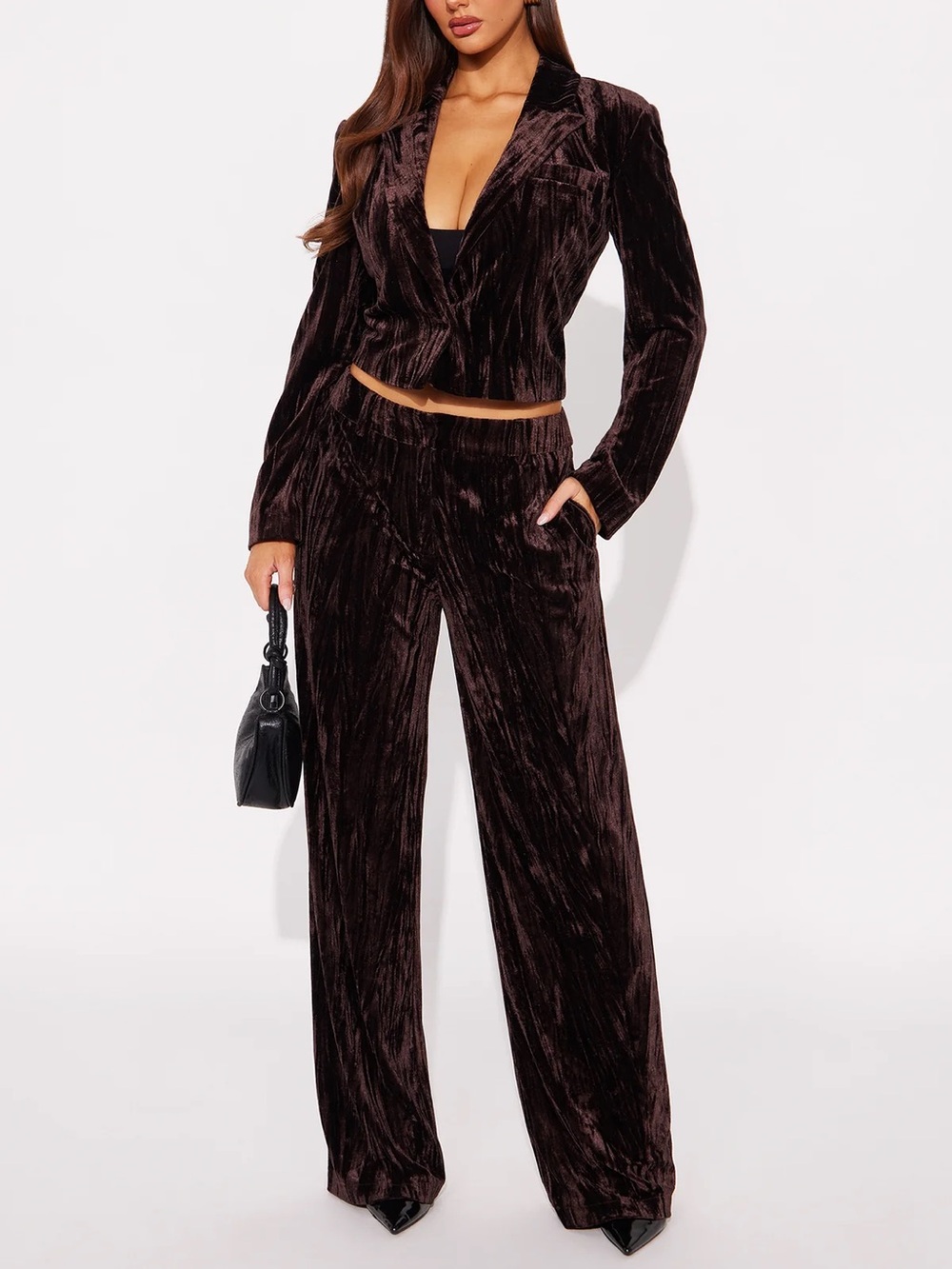 Velvet Wide-Leg Pants and Blazer Set - Chocolate Brown SIZE XS